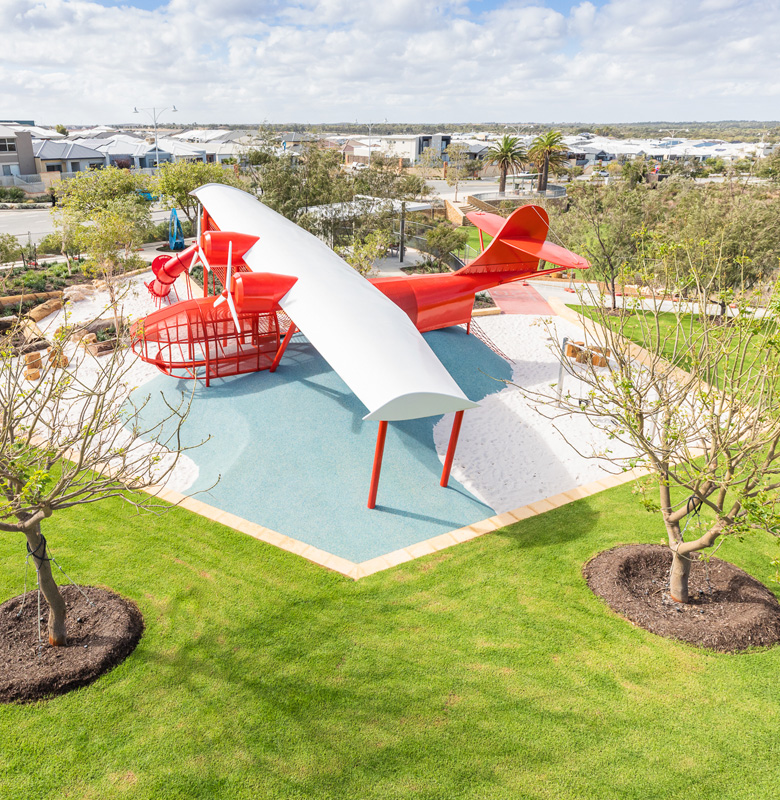 Catalina, Mindarie and Clarkson birds eye view of playground aeroplane