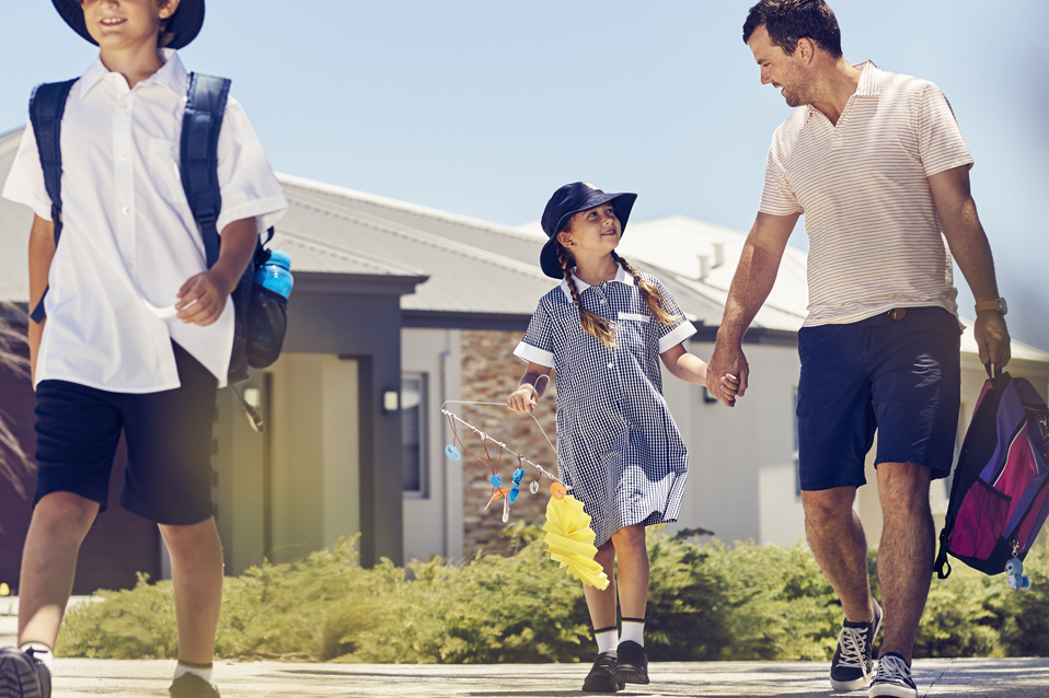 Catalina, Mindarie and Clarkson, father walking children to school