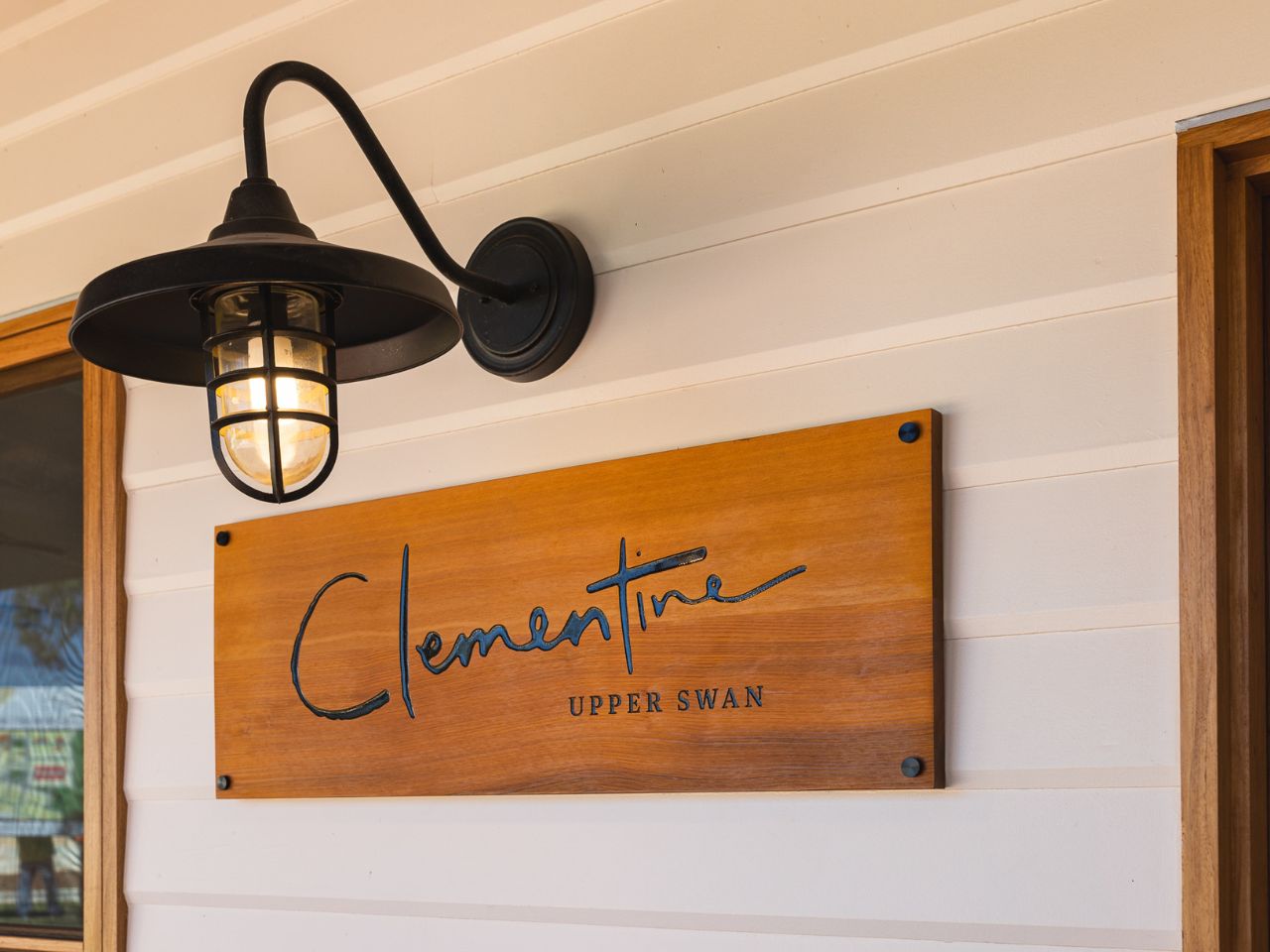 Clementine, Upper Swan wooden sign and lamp