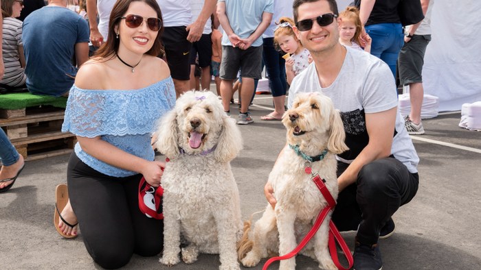 Allara, Eglinton husband and wife kneeling with two medium sized dogs at local event.