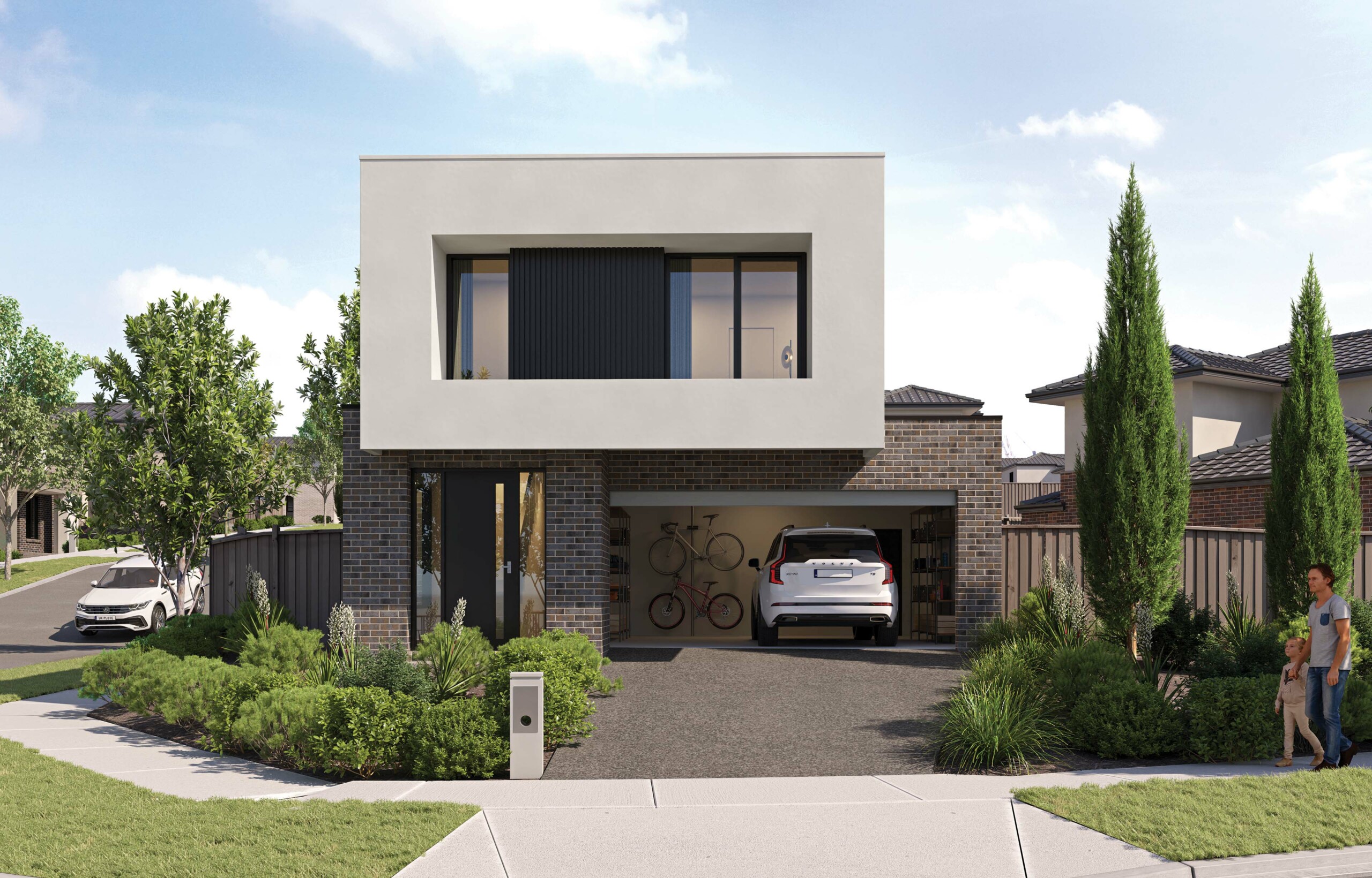 St Helena Place two storey corner house artist impression with father and child walking out the front