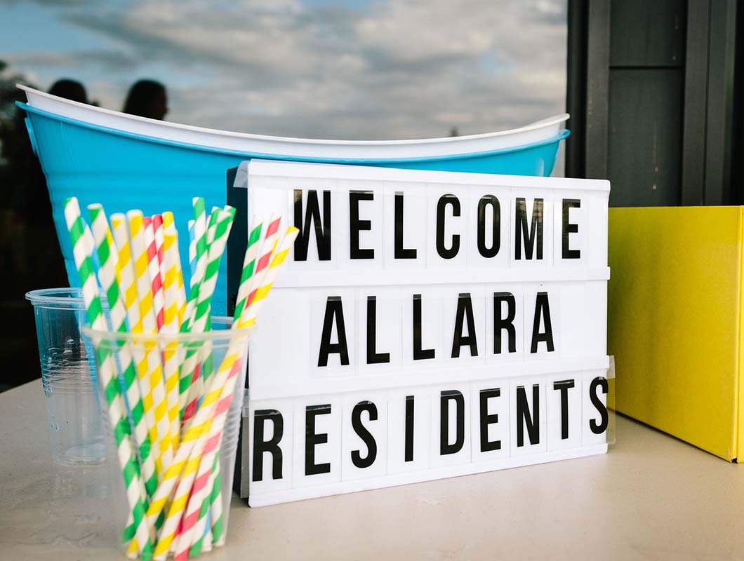 Allara, Eglinton revitalised hireable space 2023, Welcome sign Allara Residents.