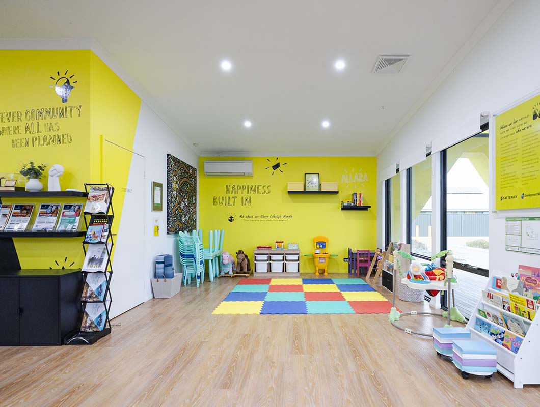 Allara, Eglinton revitalised hireable space 2023, children's play corner including chairs, tables, books and toys.