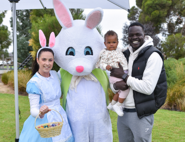 Arcadia Easter Fun Day at Harmony Place Park young father and child with the easter bunny
